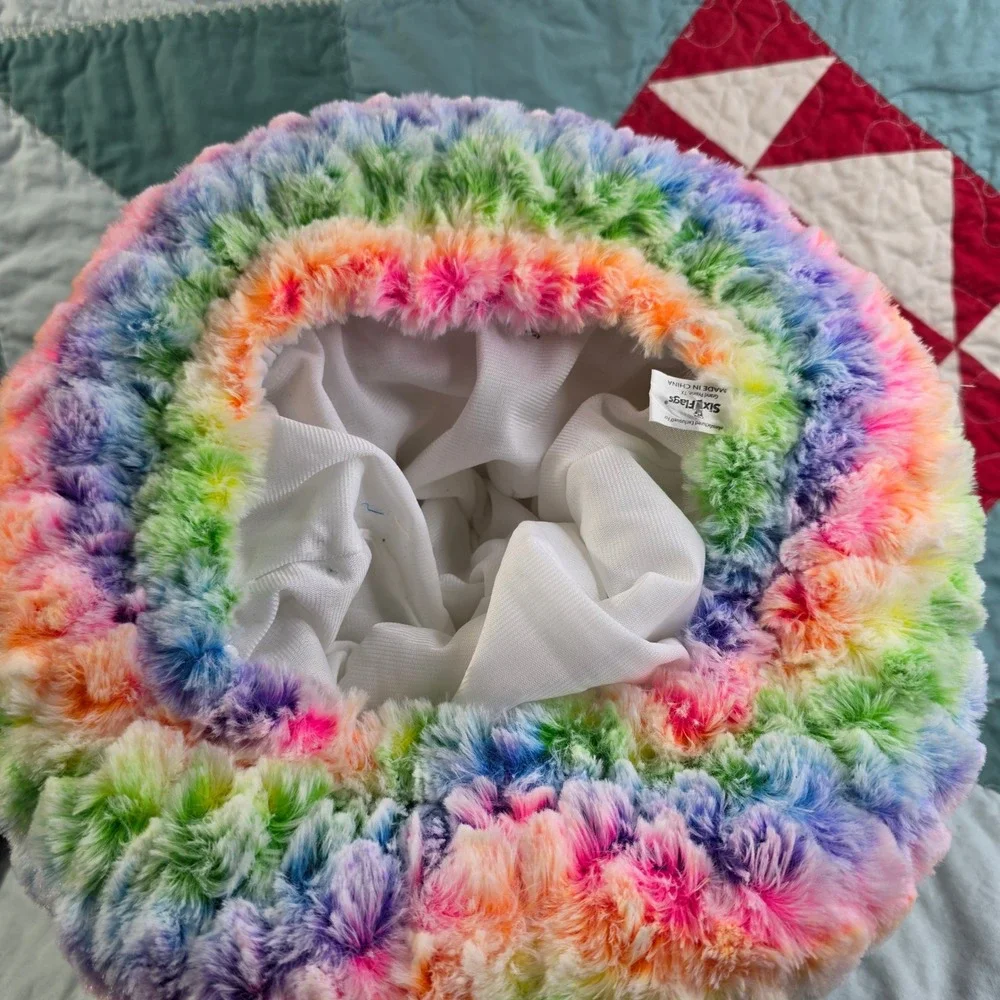 Six Flags Rainbow Poop Emoji Plush Hat Multi-Color Furry Costume Accessory